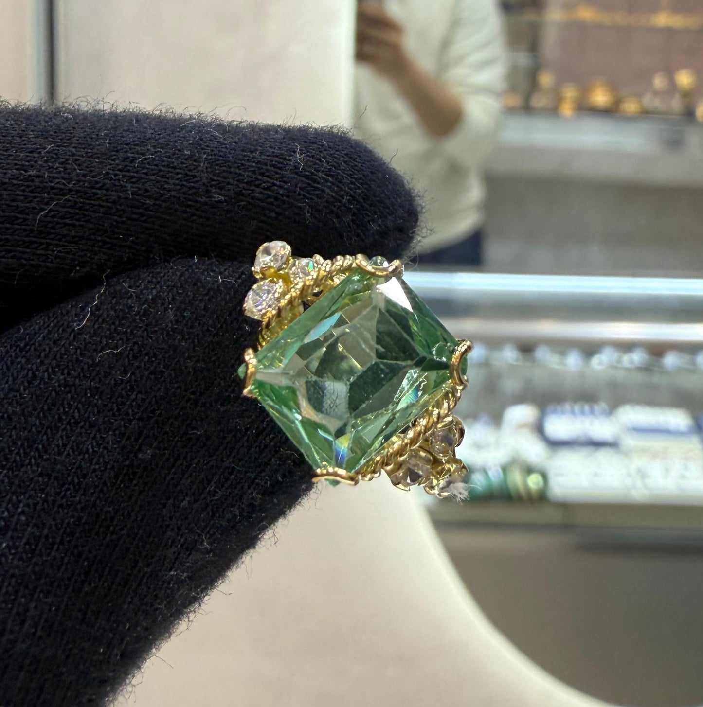 18k Gold Green Tourmaline Accent Ring – Unique One of a Kind