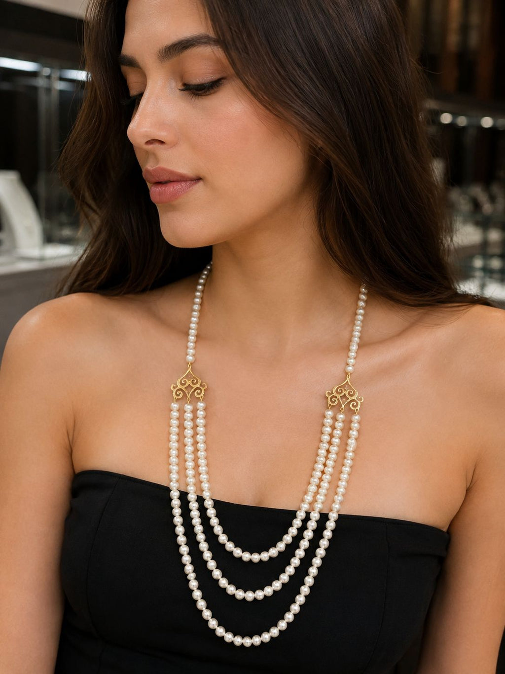 Collier Mezmizi multi-rangs de perles blanches avec détails dorés